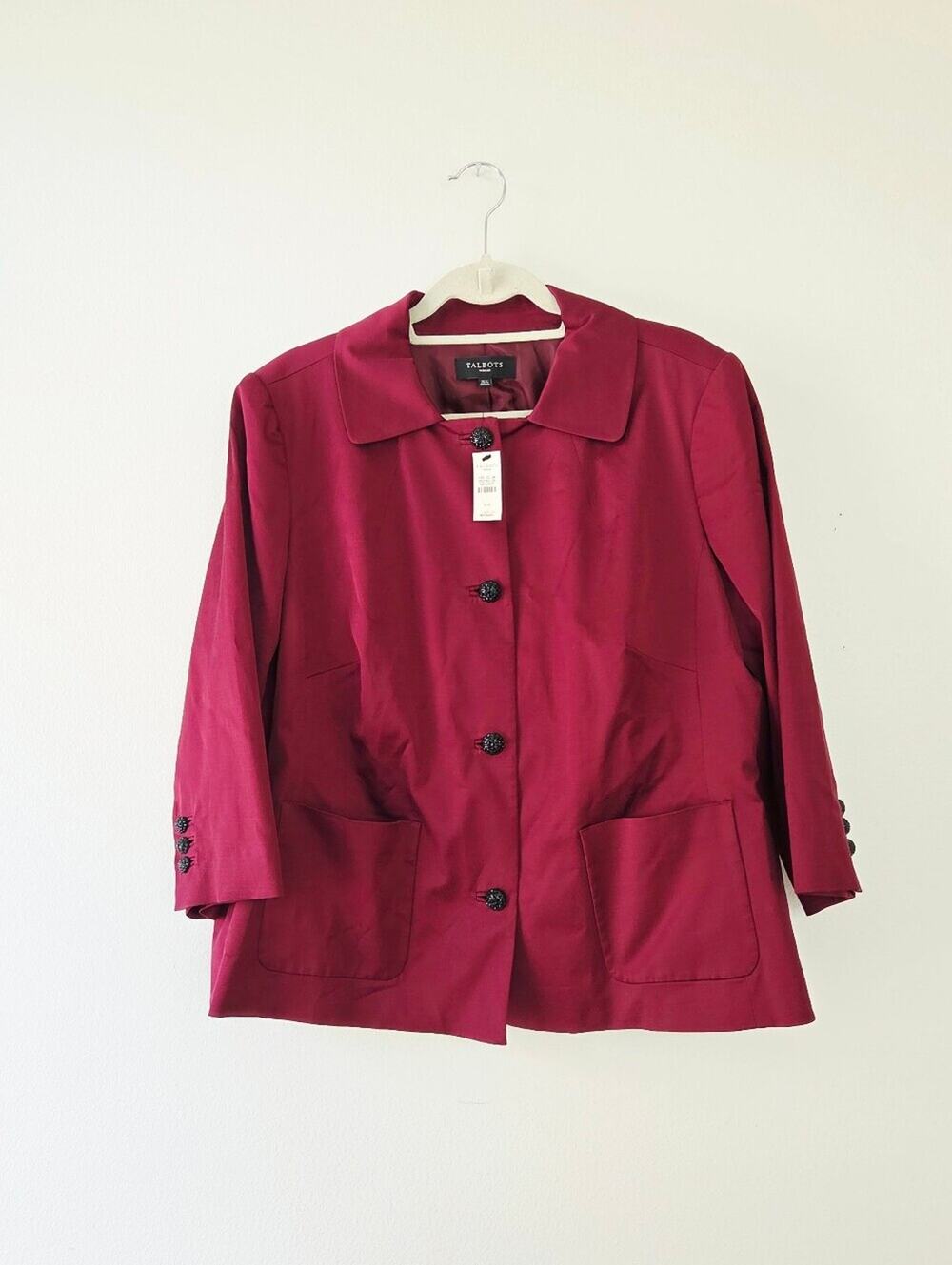 Talbots Woven Taffeta Jacket Burgundy Wine Red Size 16W Jewelled Buttons